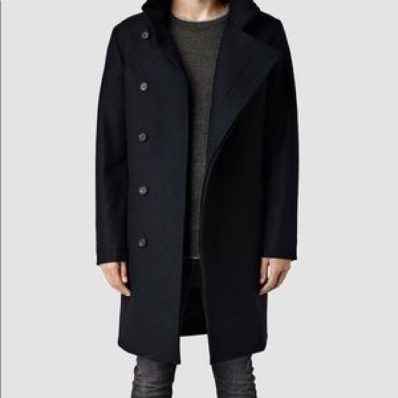 NWT All Saints Black Italian Cloth Wool Driver's Trench Coat Mid Length - Picture 2 of 10